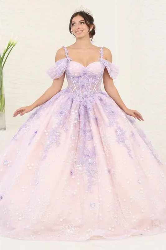LK257 Sheer Corset Bodice Lilac/Blush Embellished Quince Gown made by Alberto Nardoni
