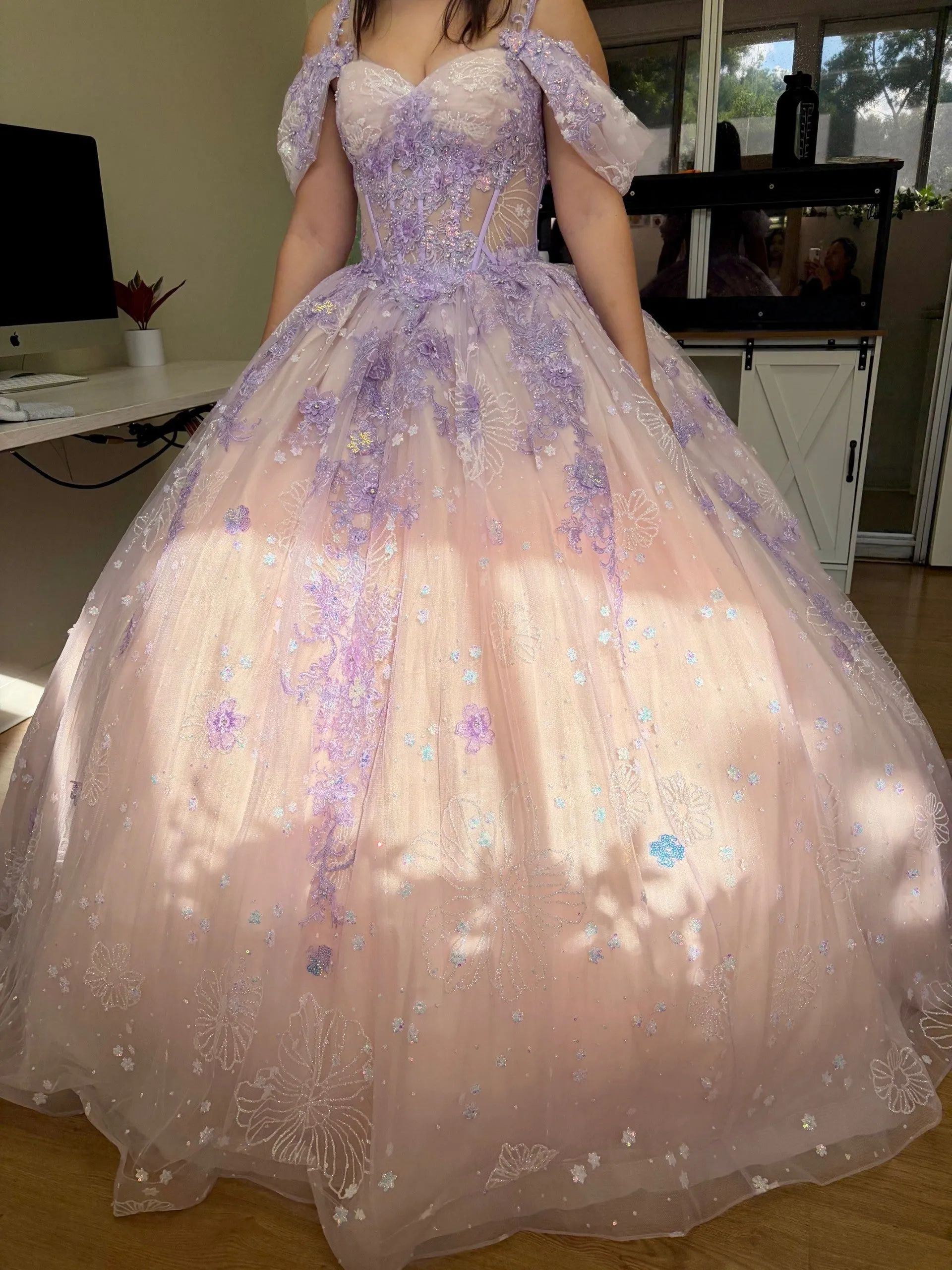 LK257 Sheer Corset Bodice Lilac/Blush Embellished Quince Gown sold by Alberto Nardoni product image thumbnail 5