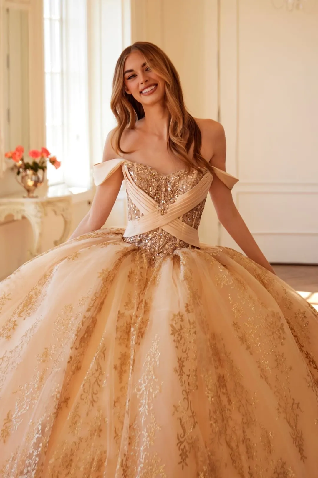 Glitter Print Off Shoulder Ball Gown by Juliet JT1488H sold by Alberto Nardoni product image thumbnail 3
