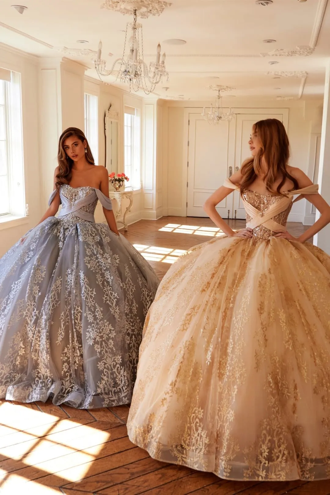 Glitter Print Off Shoulder Ball Gown by Juliet JT1488H sold by Alberto Nardoni