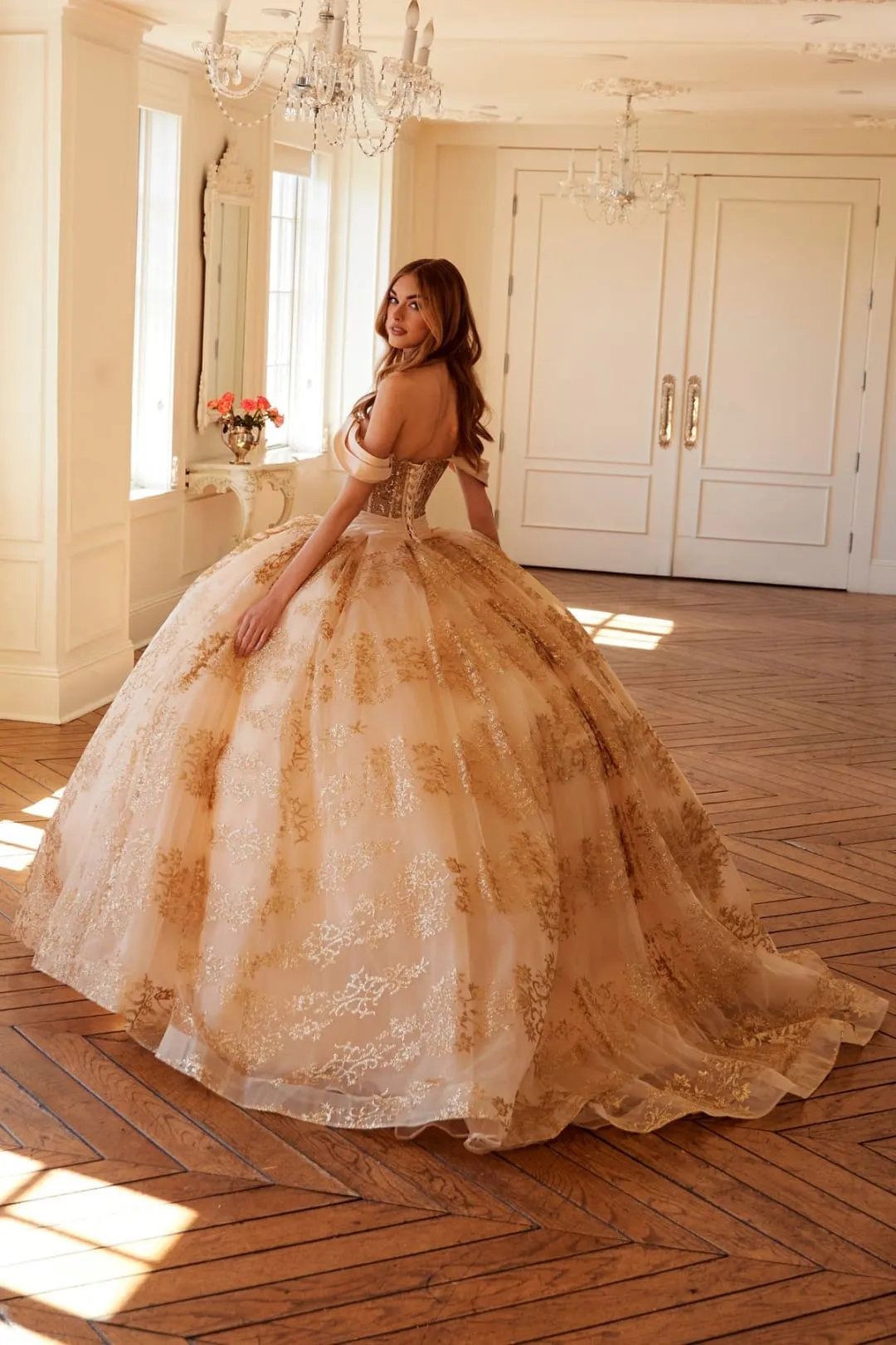 Glitter Print Off Shoulder Ball Gown by Juliet JT1488H sold by Alberto Nardoni product image thumbnail 2