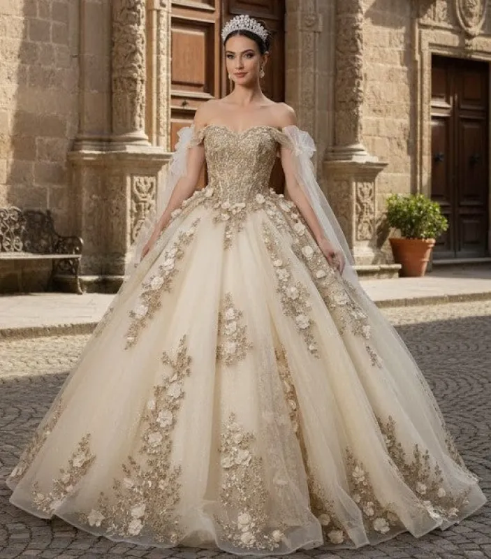 Plus Size Ball Gown in Champagne/Gold | Formal Quinceanera Dress by LK280 made by Alberto Nardoni