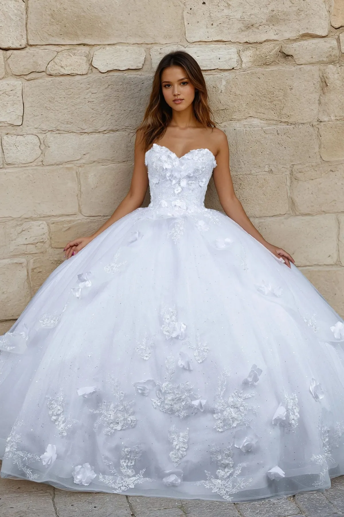 Juliet 1495HW 3D Floral Appliqué Glitter Tulle Strapless Wedding Ball Gown sold by Alberto Nardoni