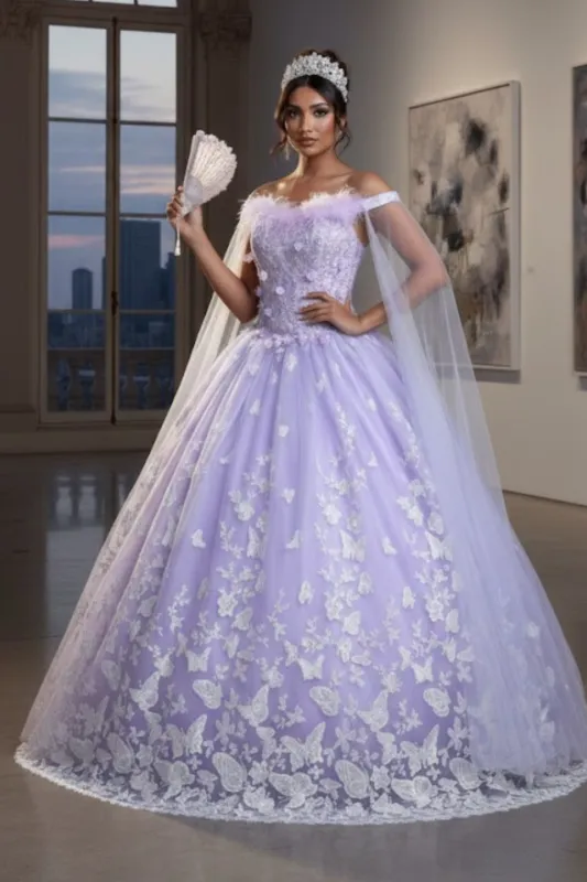 Glitter Butterfly Applique Cape Sleeves Quinceanera Gown made by Alberto Nardoni