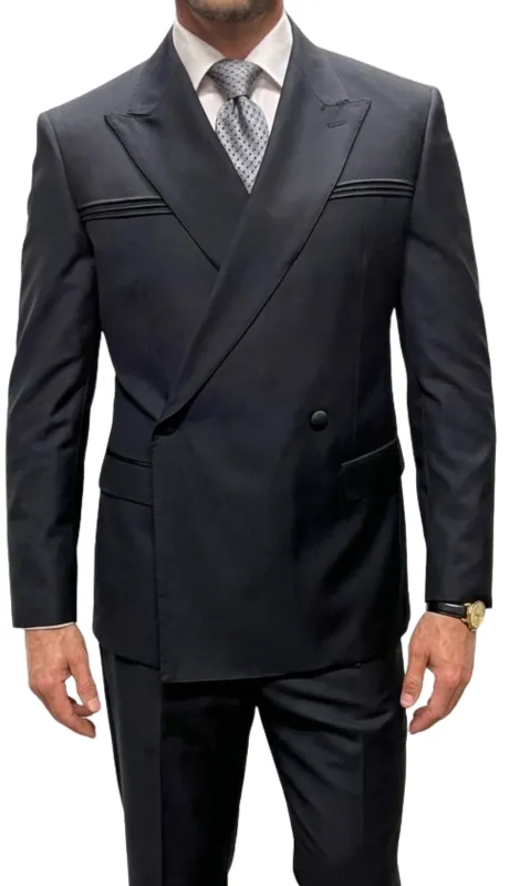 Mens Double Breasted Suit with a Unique 1-Button Closure and a Bold Peak Lapel, Flat Front Pants, Modern Fit in Black By Statement in 100% Wool Fabric made by Alberto Nardoni