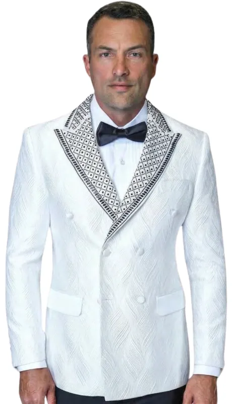 Mens Double Breasted Tuxedo By Statement ROMEO in White and Silver Modern Fit Wool Suit made by Alberto Nardoni