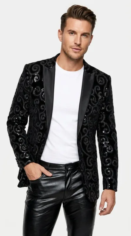 Men’s Black Velvet Sequin Swirl Dinner Jacket – Blazer Paisley Sparkly made by Alberto Nardoni