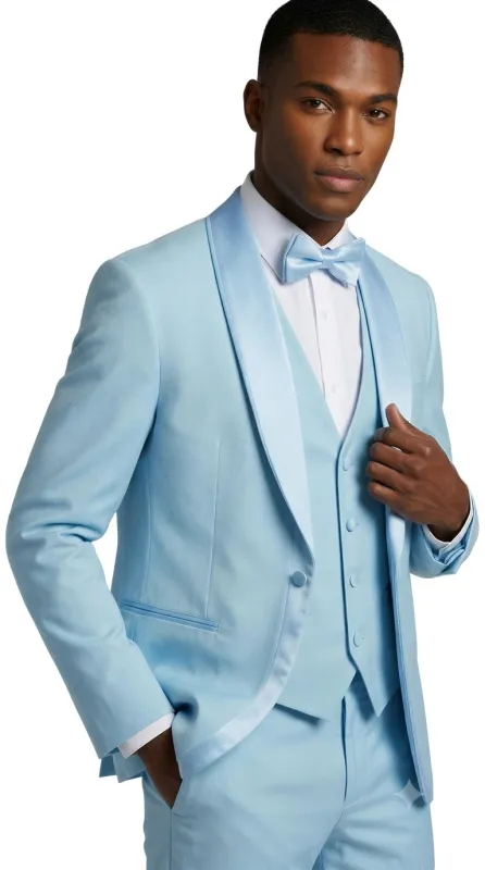 Men's Light Blue Double Shawl Lapel Tuxedo with Satin Trim for Wedding & Prom made by Alberto Nardoni