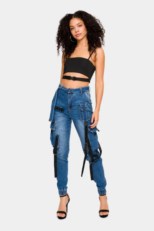 High Rise Utility Denim Joggers sold by G-Style USA
