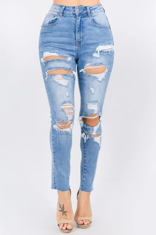 Women's High Rise Distressed Washed Out Denim Skinny Jeans sold by G-Style USA