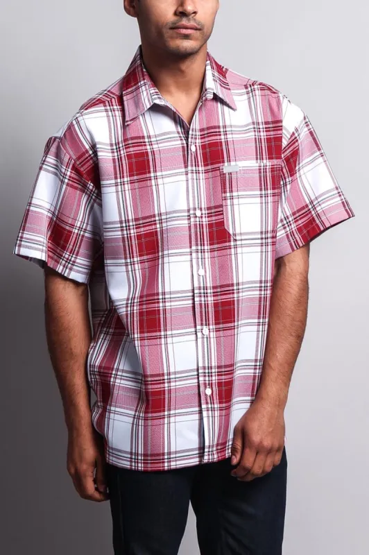 Western Casual Plaid Short Sleeve Button Up Shirt (White/Red) sold by G-Style USA