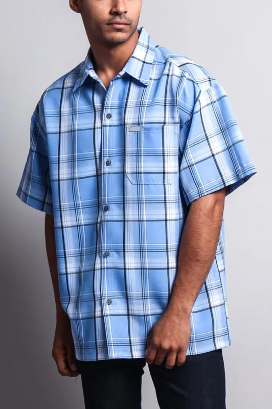 Western Casual Plaid Short Sleeve Button Up Shirt (Sky) sold by G-Style USA