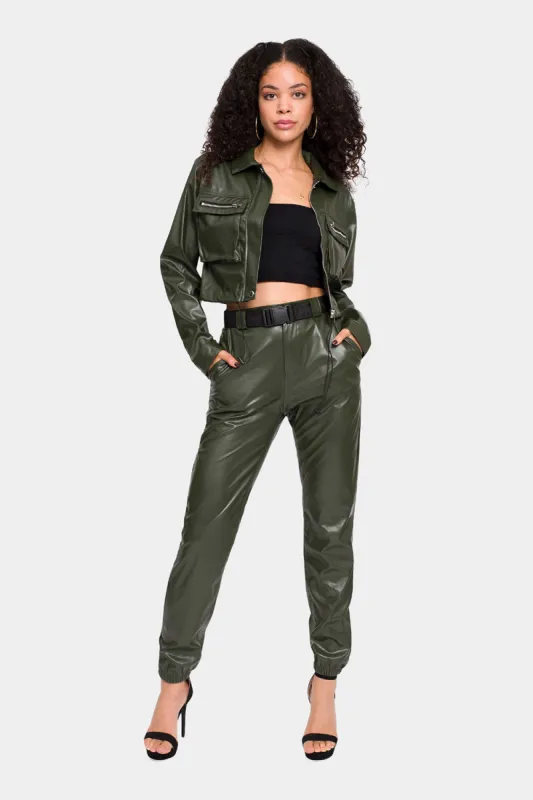 Faux Leather Cropped Jacket High Rise Jogger Set sold by G-Style USA