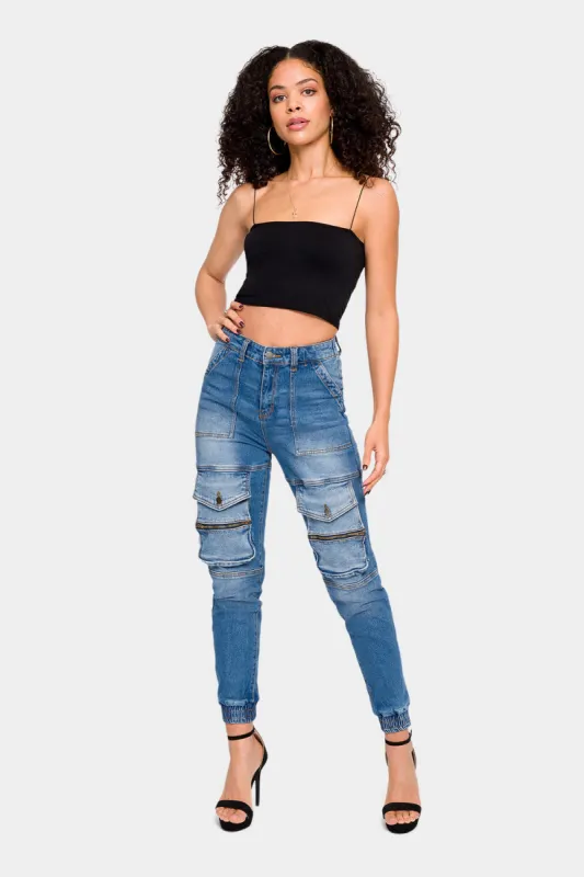 High Rise Cargo Denim Joggers sold by G-Style USA