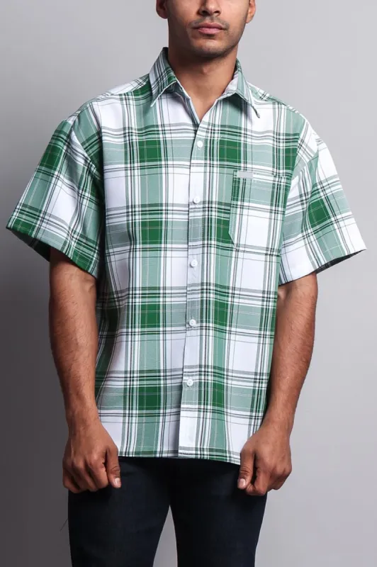 Western Casual Plaid Short Sleeve Button Up Shirt (White/Green) sold by G-Style USA