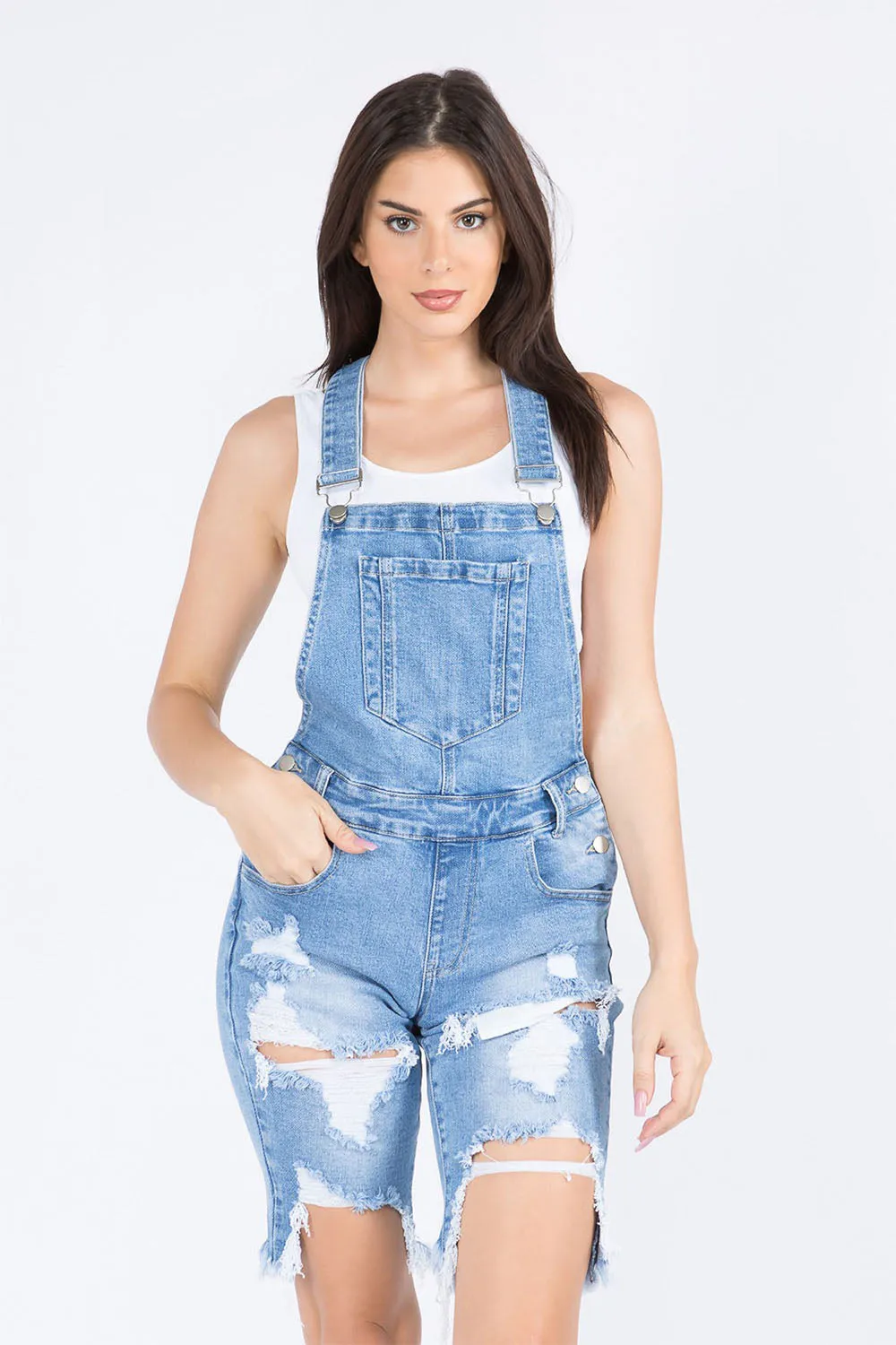 Women's Destroyed Denim Shorts Overalls sold by G-Style USA