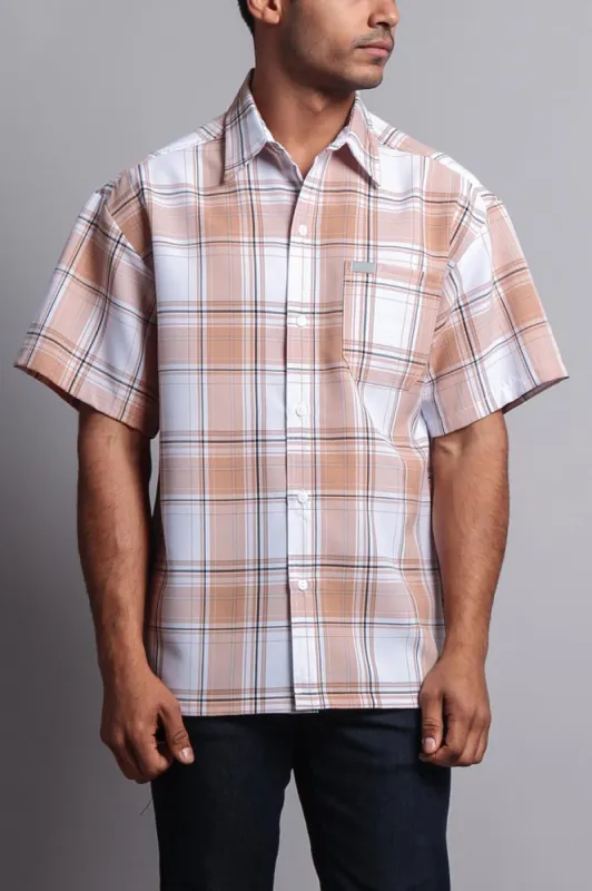 Western Casual Plaid Short Sleeve Button Up Shirt (White/Khaki) sold by G-Style USA