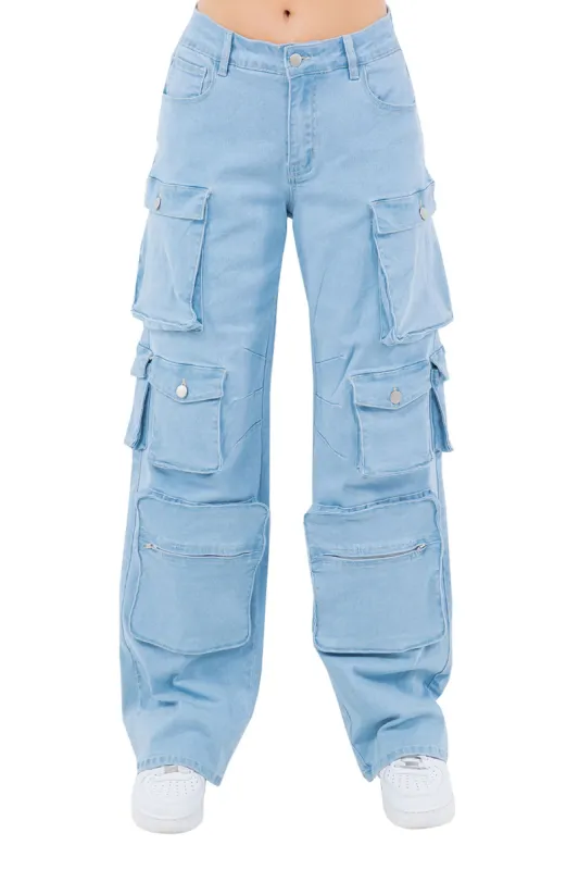 Women's High Rise Multi Cargo Pocket Loose Fit Denim Jeans sold by G-Style USA