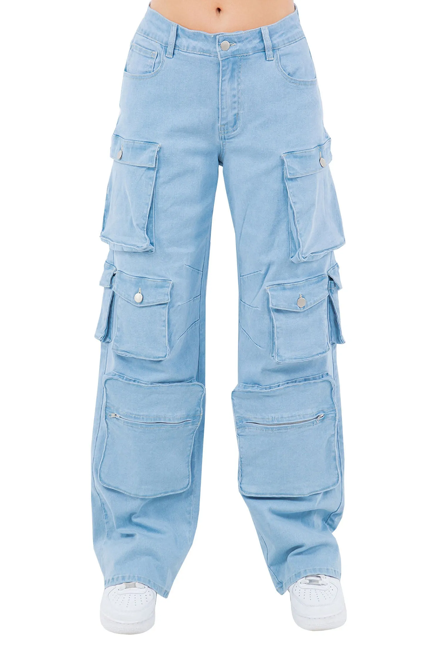 Women's High Rise Multi Cargo Pocket Loose Fit Denim Jeans sold by G-Style USA