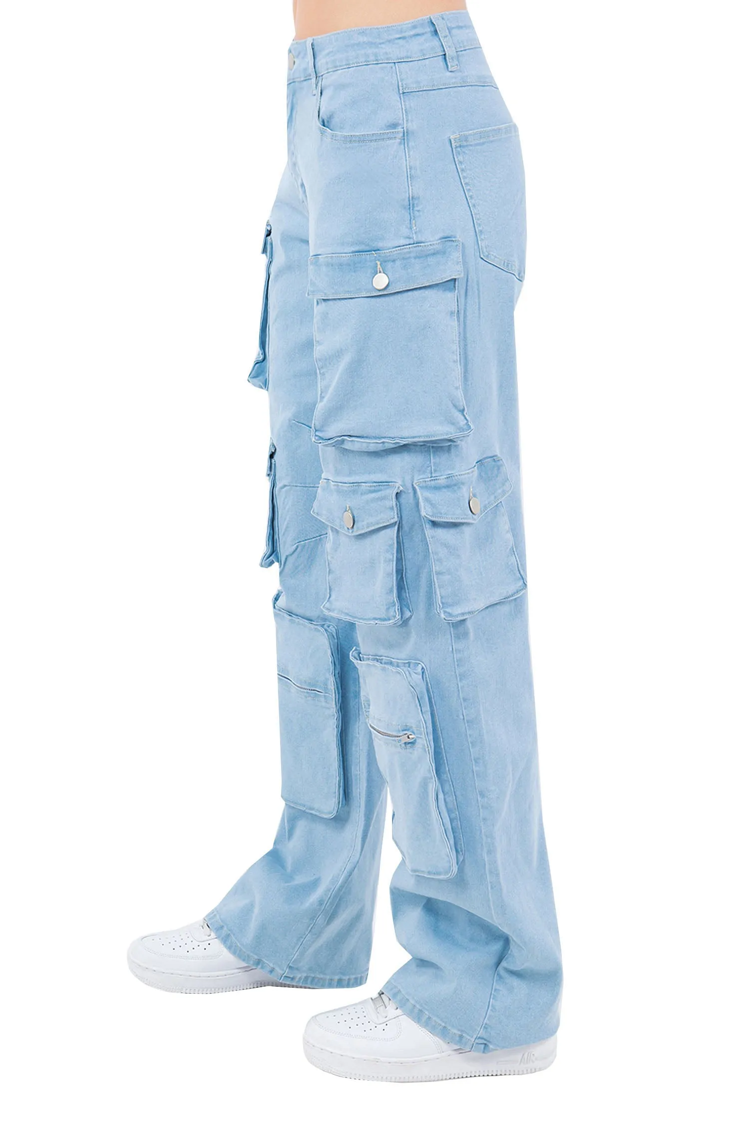 Women's High Rise Multi Cargo Pocket Loose Fit Denim Jeans sold by G-Style USA product image thumbnail 2