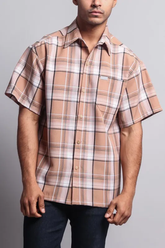 Western Casual Plaid Short Sleeve Button Up Shirt (Khaki) sold by G-Style USA