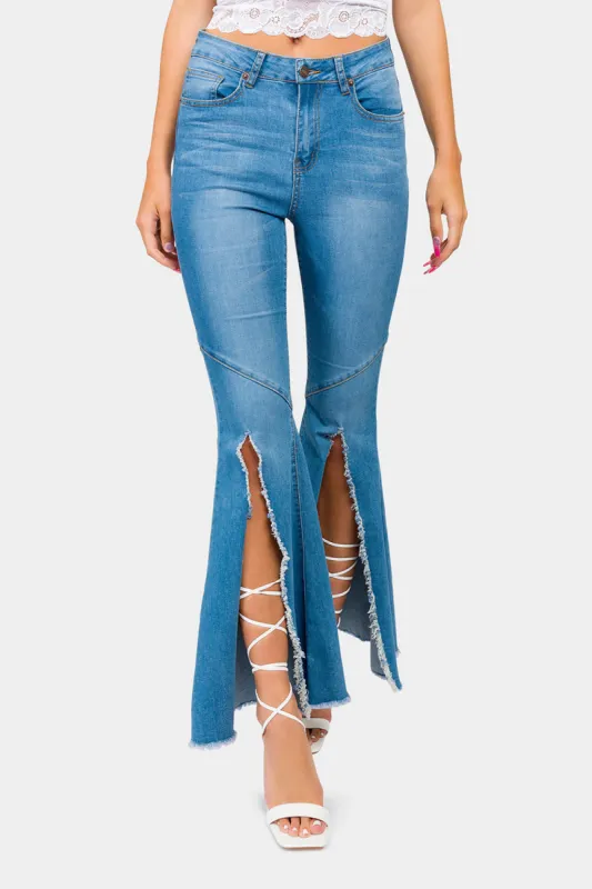 High Waist Front Slit Flare Jeans sold by G-Style USA