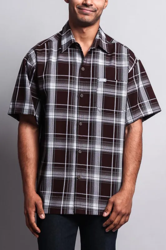 Western Casual Plaid Short Sleeve Button Up Shirt (Brown) sold by G-Style USA