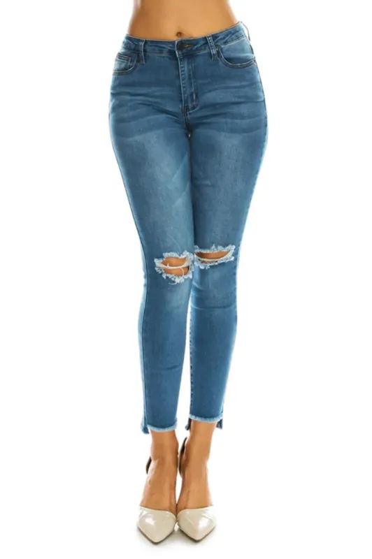 Women's High Rise Destroyed Knee and Hi-Low Frayed Hem Jeans made by American Bazi