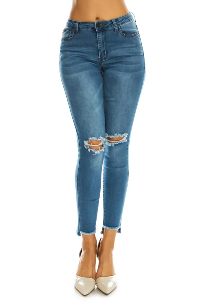 Women's High Rise Destroyed Knee and Hi-Low Frayed Hem Jeans sold by G-Style USA