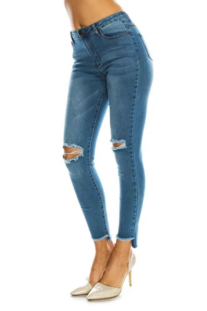 Women's High Rise Destroyed Knee and Hi-Low Frayed Hem Jeans sold by G-Style USA product image thumbnail 3