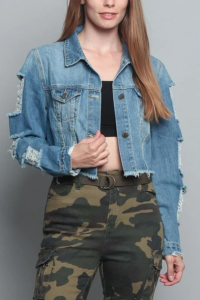 Cropped Distressed Denim Jacket sold by G-Style USA