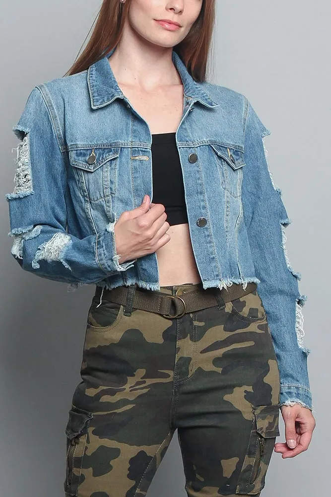 Cropped Distressed Denim Jacket sold by G-Style USA product image thumbnail 5