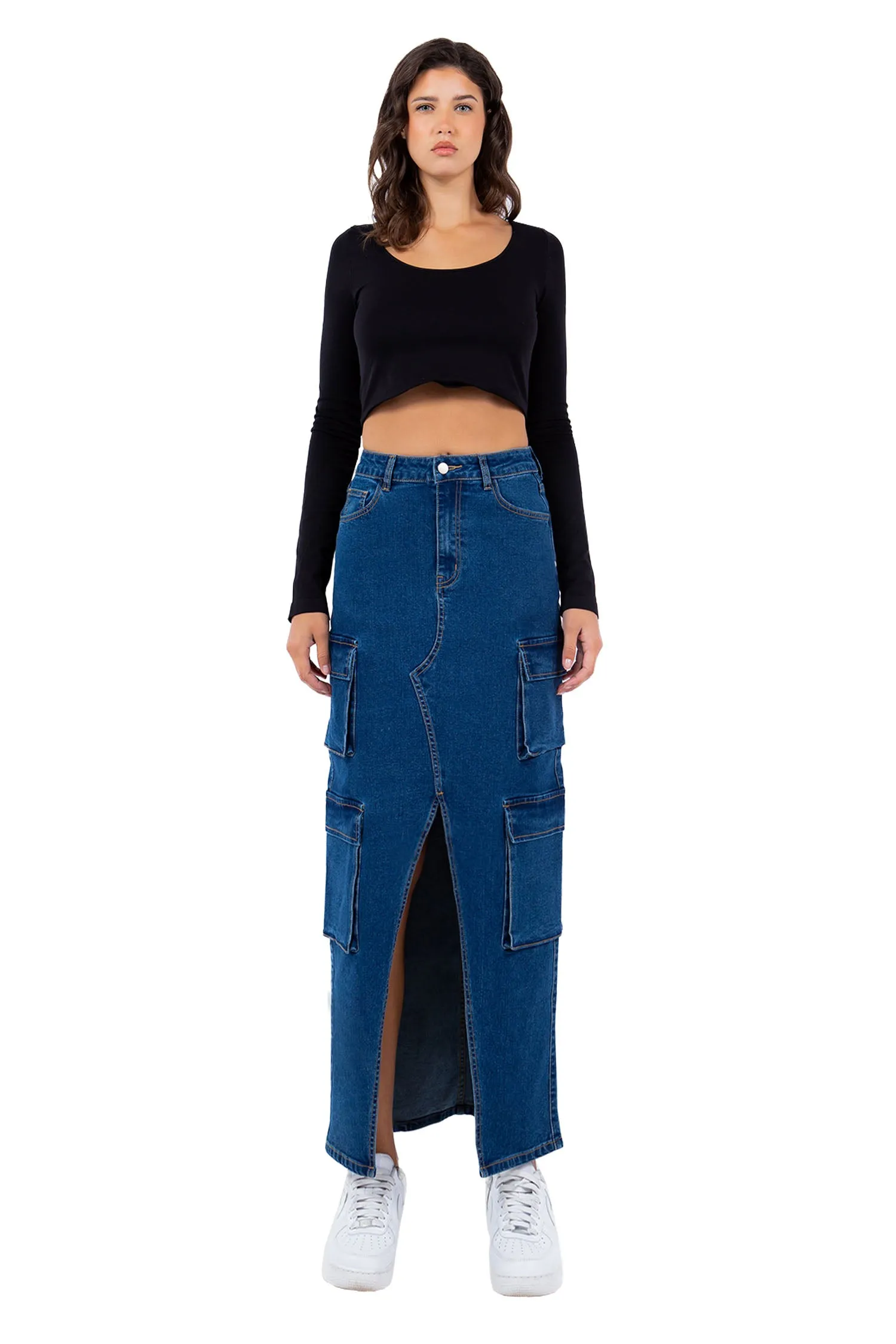 Women's High Waist Denim Cargo Skirt sold by G-Style USA product image thumbnail 4