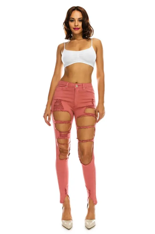 Women's High Rise Destroyed Denim Twill Jeans made by American Bazi