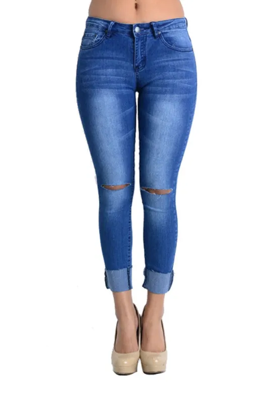Women's Ripped Knee Cuffed Skinny Jeans sold by G-Style USA