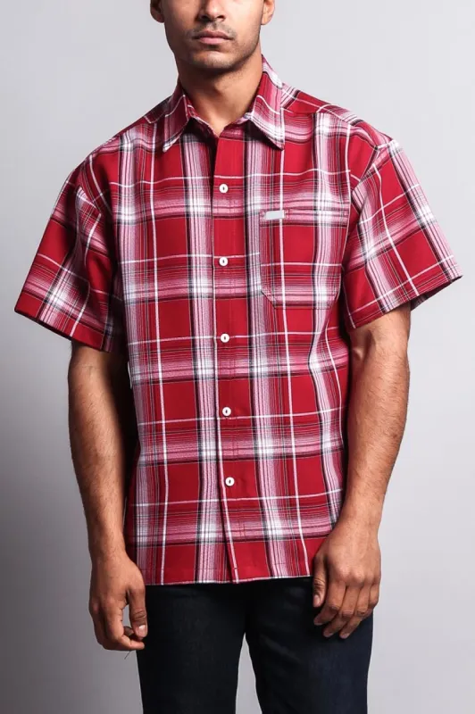 Western Casual Plaid Short Sleeve Button Up Shirt (Red) sold by G-Style USA