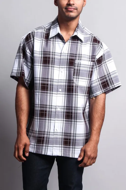 Western Casual Plaid Short Sleeve Button Up Shirt (White/Brown) sold by G-Style USA