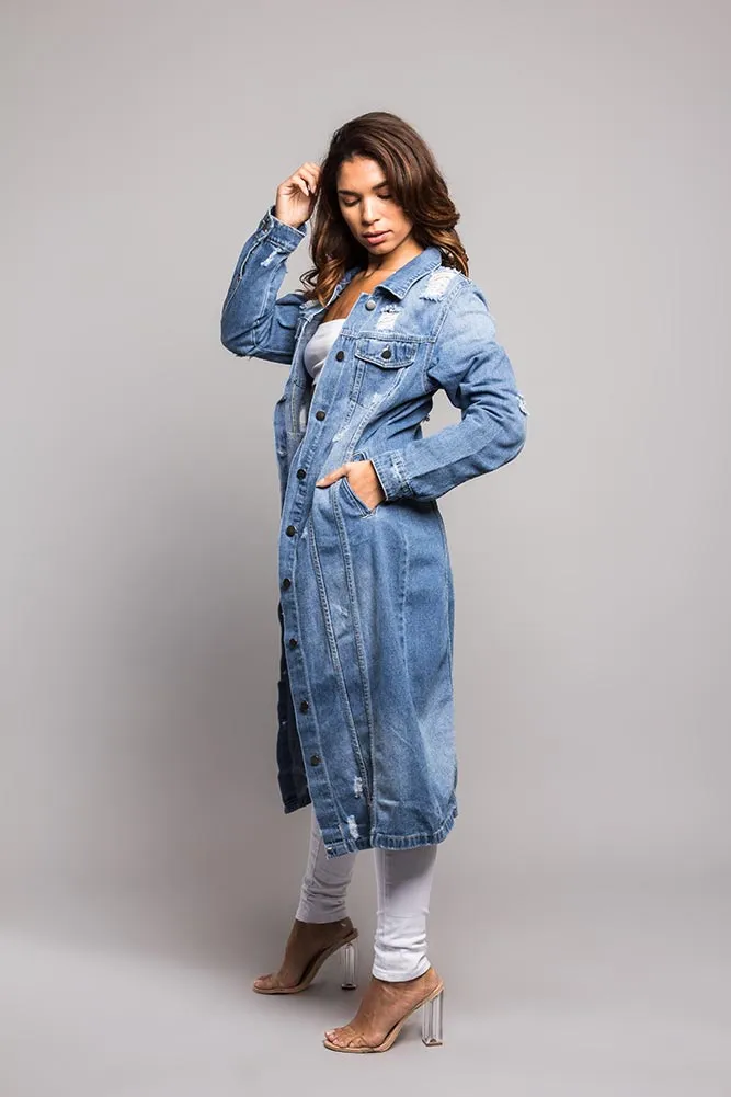 Super Long Distressed Denim Jean Jacket sold by G-Style USA product image thumbnail 3