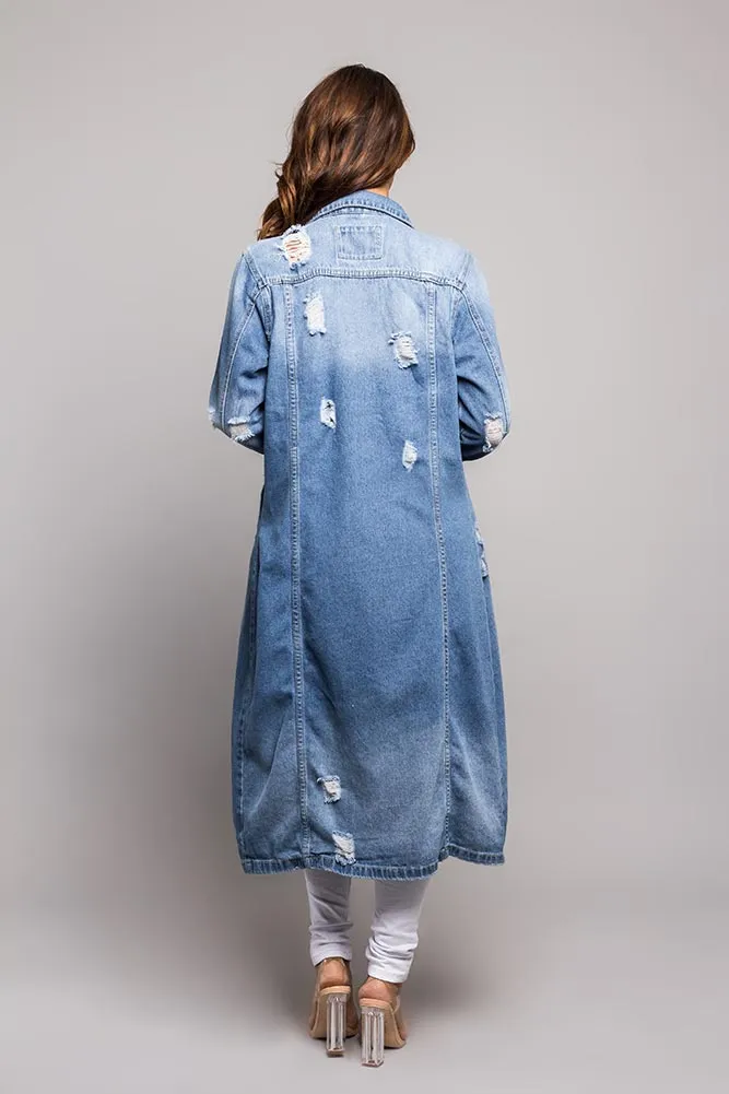 Super Long Distressed Denim Jean Jacket sold by G-Style USA product image thumbnail 4