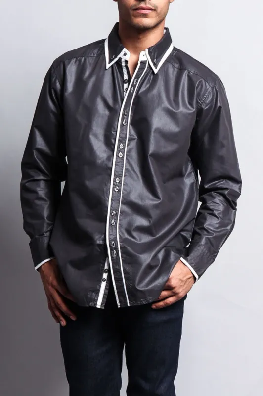 Solid Contrast Double Button Up Shirt sold by G-Style USA