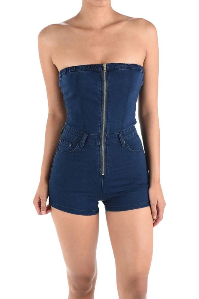 Women's Denim Strapless Zip Up Romper sold by G-Style USA