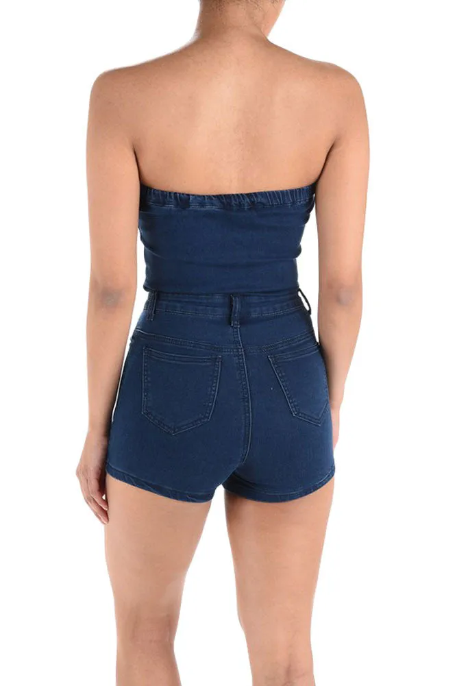 Women's Denim Strapless Zip Up Romper sold by G-Style USA product image thumbnail 4