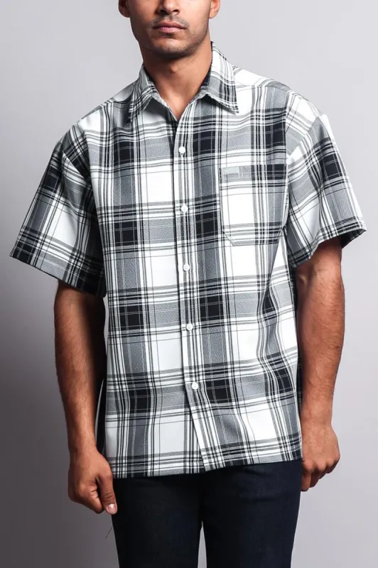 Western Casual Plaid Short Sleeve Button Up Shirt (White/Black) sold by G-Style USA