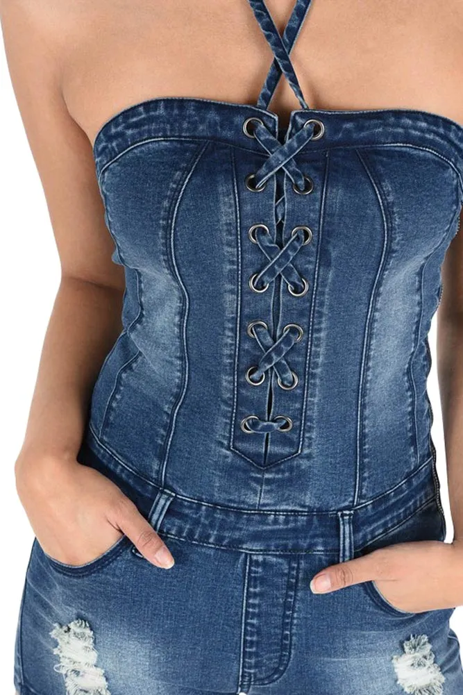 Women's Lace Up Denim Romper sold by G-Style USA product image thumbnail 5