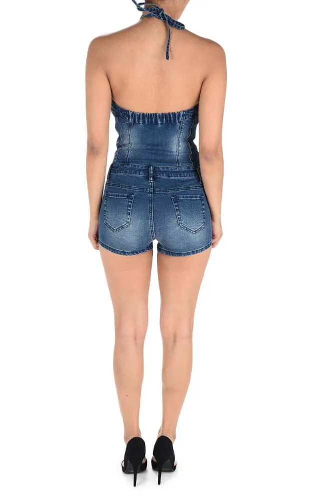 Women's Lace Up Denim Romper sold by G-Style USA product image thumbnail 4