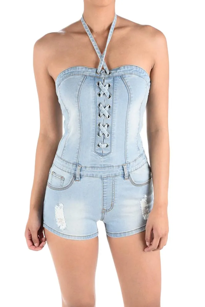Women's Lace Up Denim Romper sold by G-Style USA product image thumbnail 2