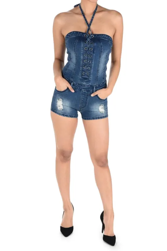 Women's Lace Up Denim Romper sold by G-Style USA