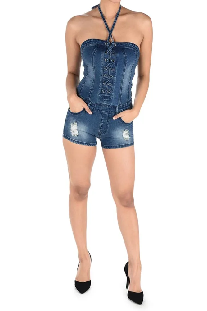 Women's Lace Up Denim Romper sold by G-Style USA