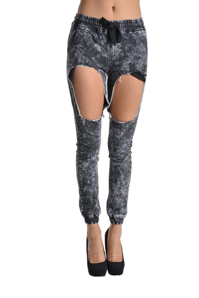 Women's Torn Acid Wash Denim Jogger Pants sold by G-Style USA product image thumbnail 2