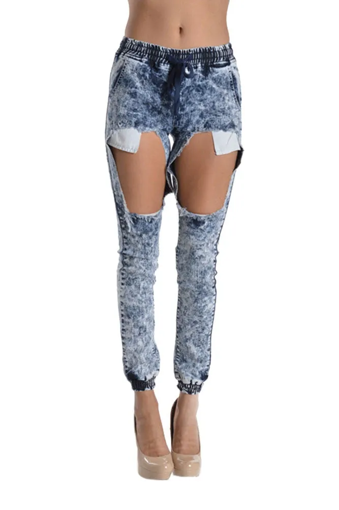 Women's Torn Acid Wash Denim Jogger Pants sold by G-Style USA